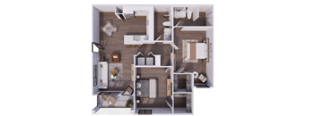 A top-down view of a small apartment with a kitchen, living room, and bedroom.