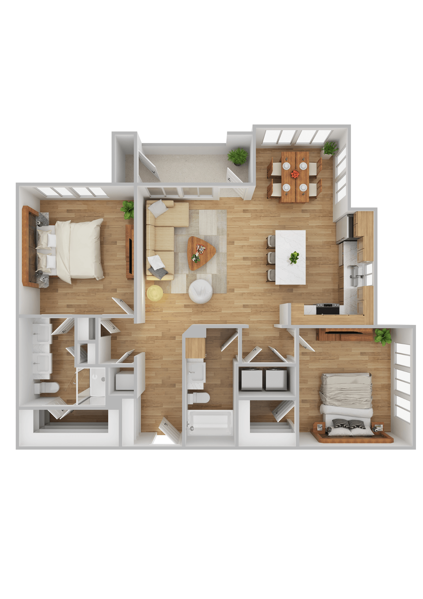 A 3D rendered image of a house layout.