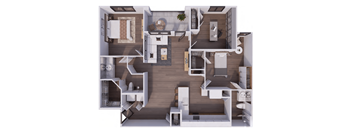 A top-down view of a house layout with a kitchen, living room, and bedrooms.