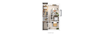 A floor plan of a small apartment with a kitchen, living room, and bedroom.