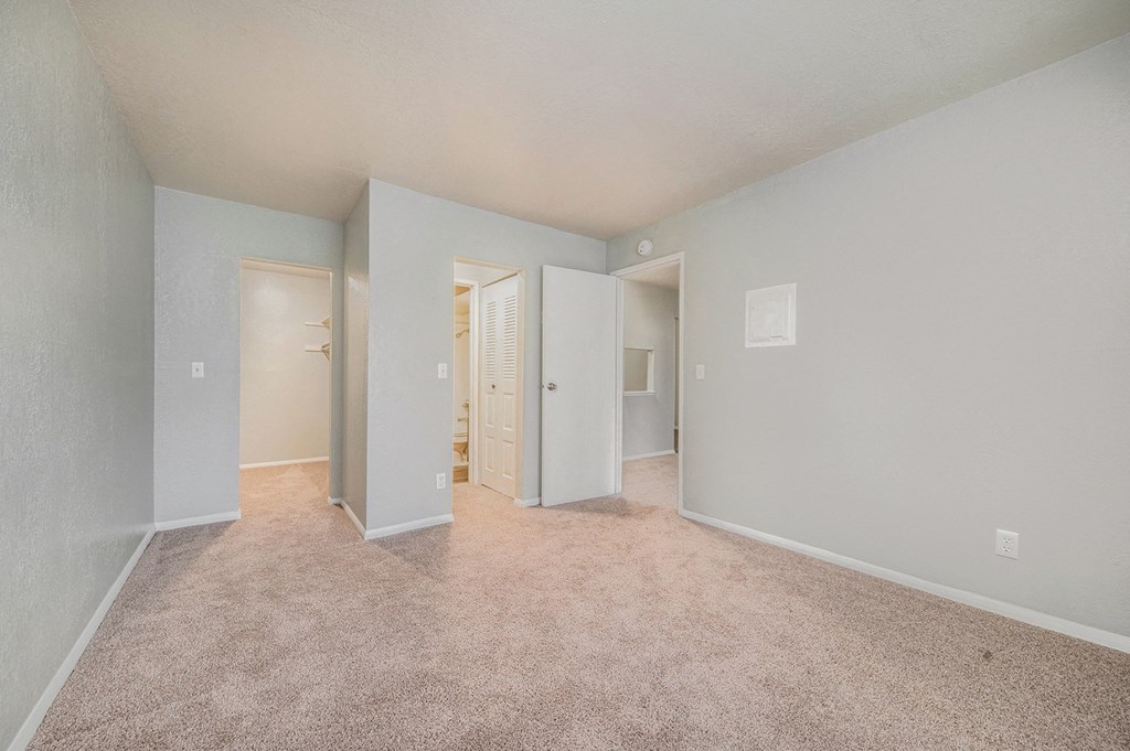 a bedroom with a carpeted floor