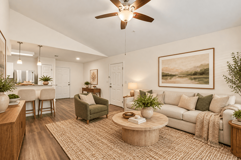 A living room with a couch, chairs, and a coffee table.