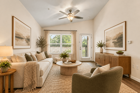 A living room with a couch, a chair, a coffee table, and a ceiling fan.