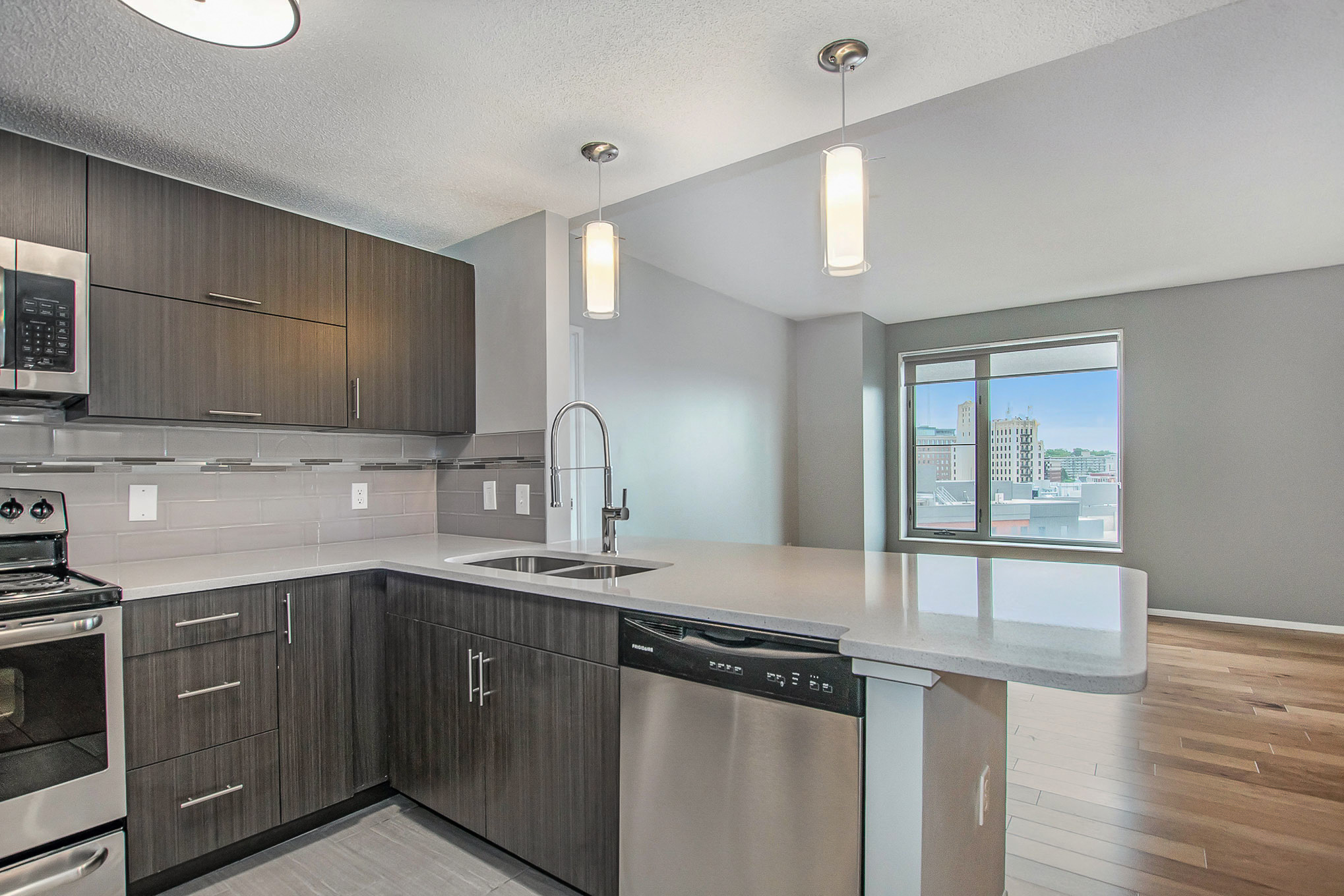 The Plaza Apartments In Grand Rapids, MI Premium Kitchen With Granite Countertops and Wood Style Flooring