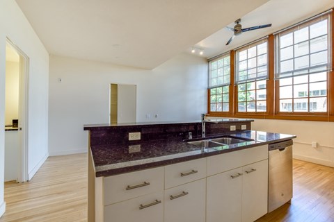 Historic apartment kitchen with a marble countertop and stainless steel appliances.