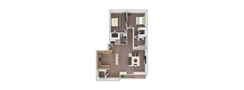 A 3D floor plan of a house with a kitchen, living room, and two bedrooms.