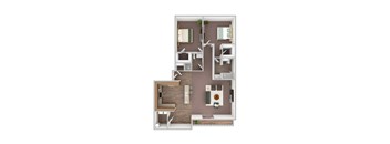 a stylized floor plan with a bedroom and living room
