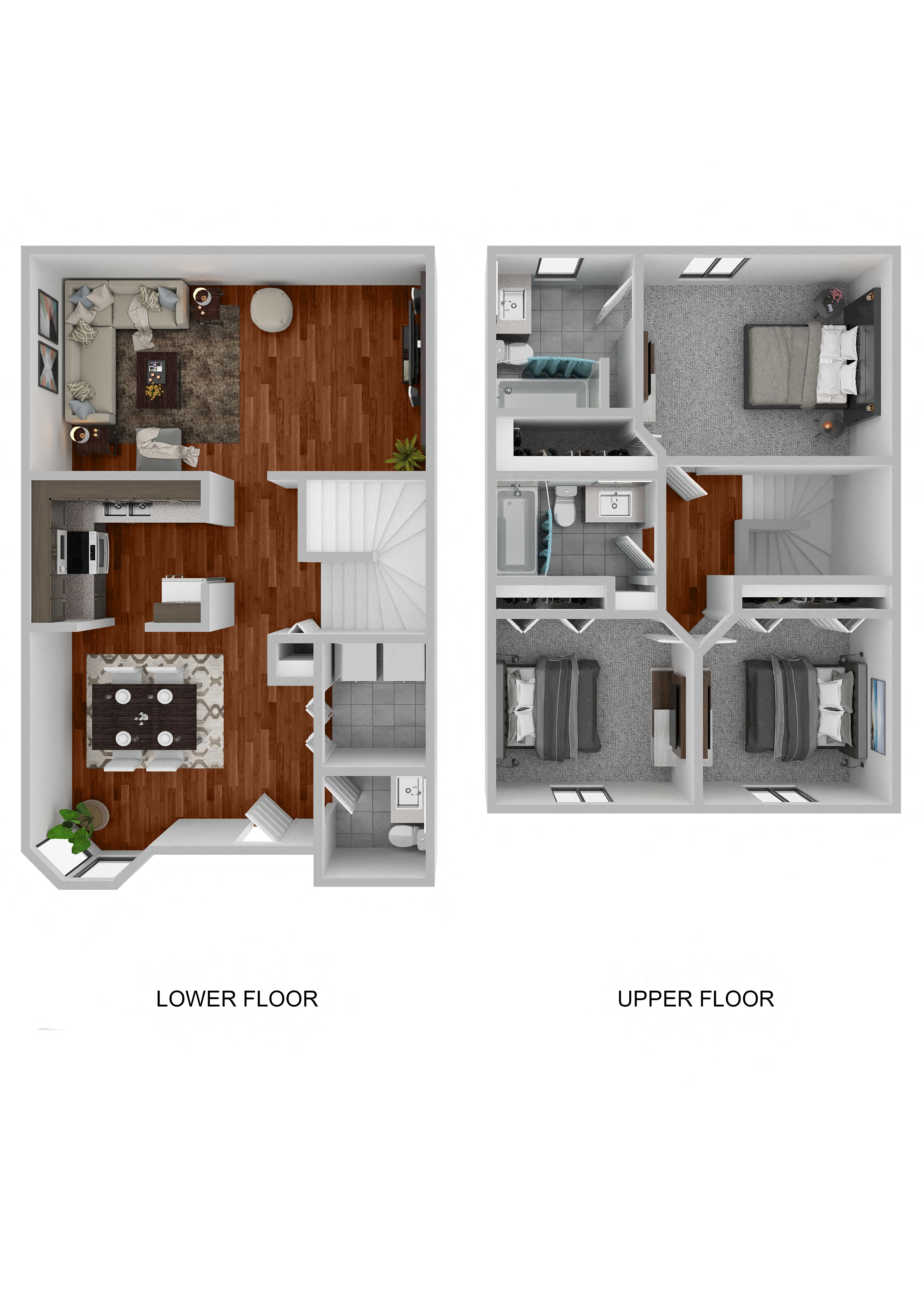 A floor plan of a two-story apartment with labeled lower and upper floors.