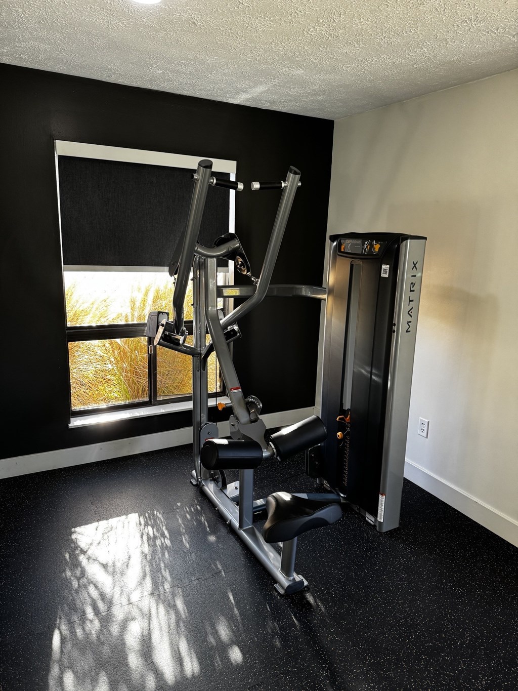 A black and white gym room with a weight machine.
