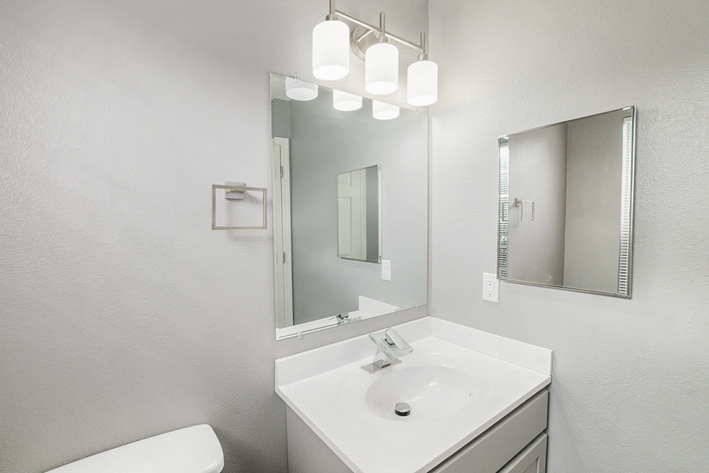 a bathroom with a sink and a mirror
