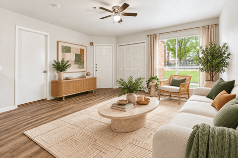 A living room with a white couch, a wooden coffee table, and a painting on the wall.