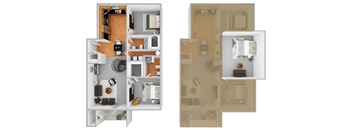 A floor plan of a two-story apartment with a living room, kitchen, and bedrooms.