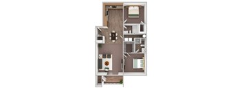 A top-down view of a small apartment with a kitchen, living room, and bedroom.