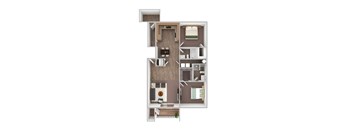 A floor plan of a small apartment with a kitchen, living room, and two bedrooms.