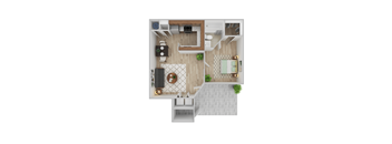 A top-down view of a modern apartment with a kitchen, living room, and bathroom.