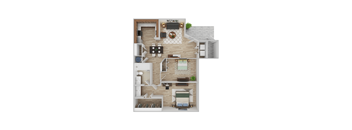A top-down view of a modern apartment layout with a kitchen, living room, and bedrooms.