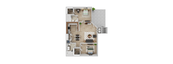 A top-down view of a modern apartment layout with a living room, kitchen, and bedrooms.