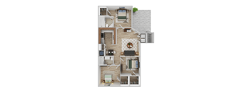 A top-down view of a modern apartment layout with a kitchen, living room, and bedrooms.