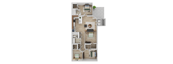 A floor plan of a house with a living room, kitchen, dining room, and bedrooms.
