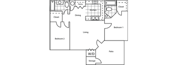 A floor plan of a house with two bedrooms, a living room, a kitchen, a pantry, a dining area, a closet, and a patio with a storage area.