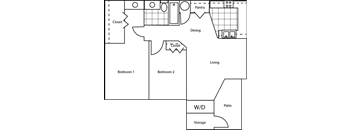 A floor plan of a house with two bedrooms, a pantry, a dining area, a living room, a patio, and storage.