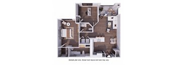 A sample floor plan of a house with a kitchen, living room, and two bedrooms.