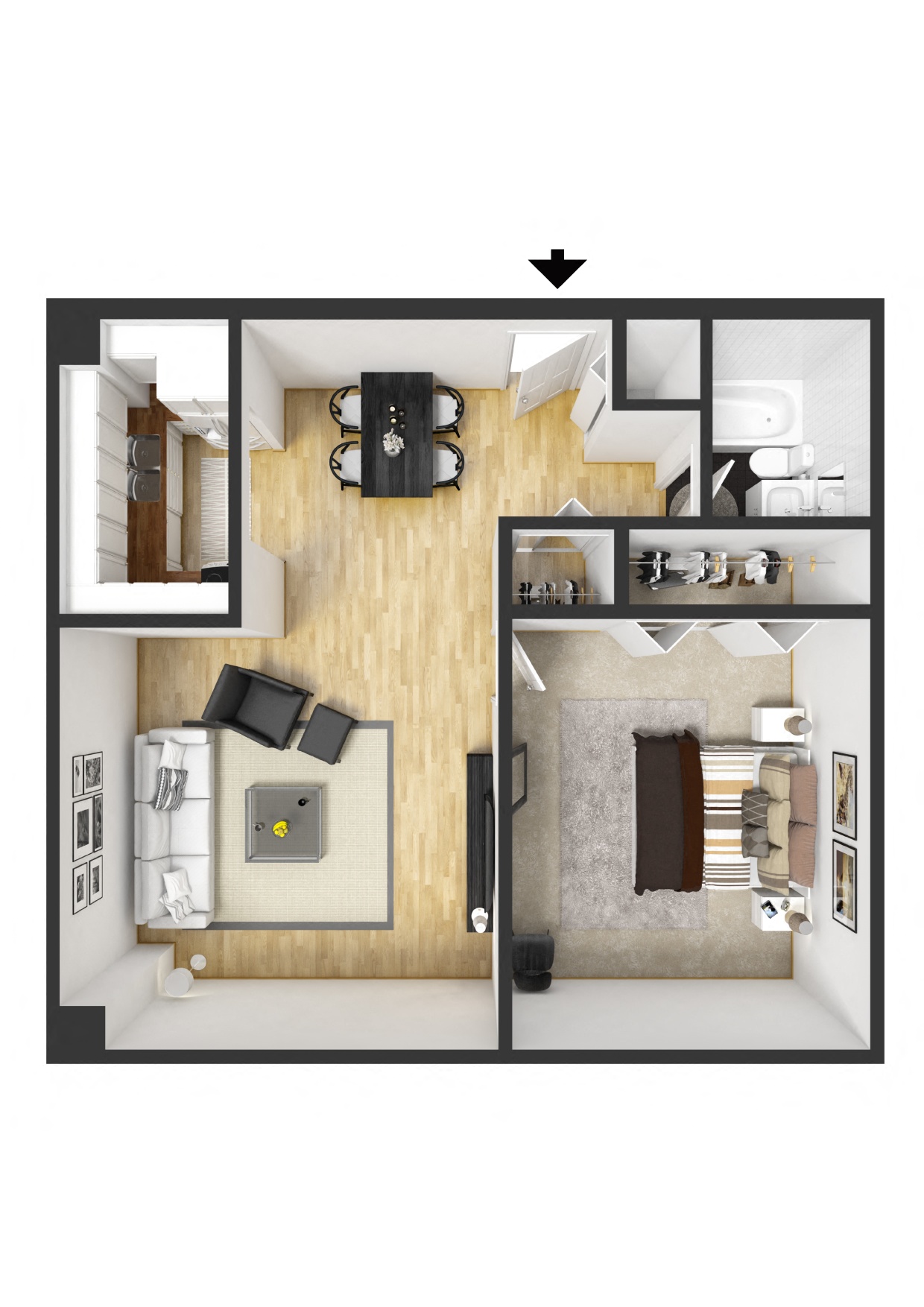 a 3d drawing of the interior of a house with a living room