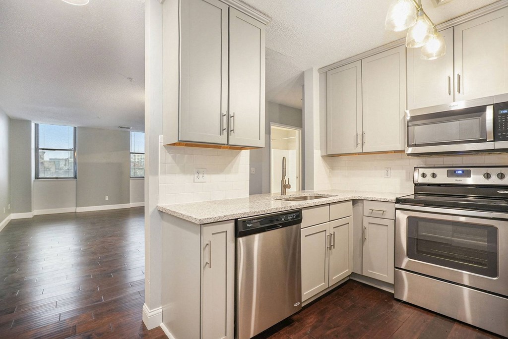 The Lofts Apartments In Grand Rapids, MI Marble Countertop Kitchen and Hardwood Floors