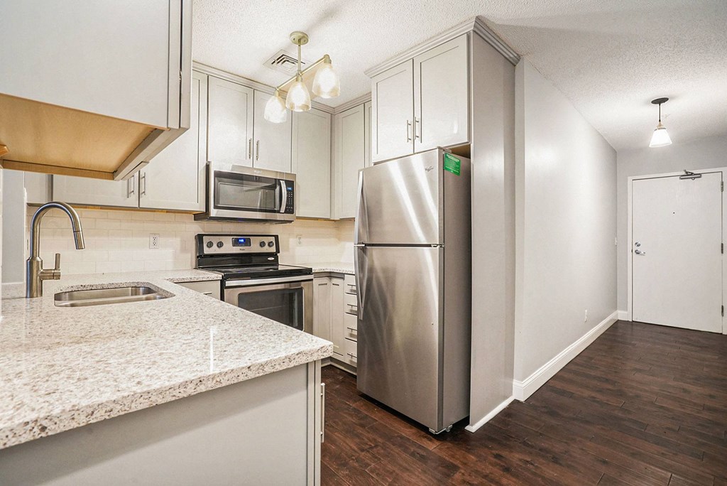 The Lofts Apartments In Grand Rapids, MI Marble Countertop Kitchen and Hardwood Floors
