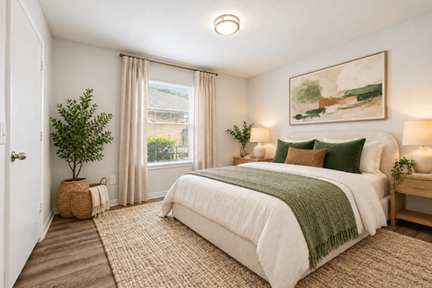 A bedroom with a large bed and a painting on the wall.