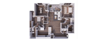 A 3D floor plan of a house with a kitchen, living room, and bedrooms.