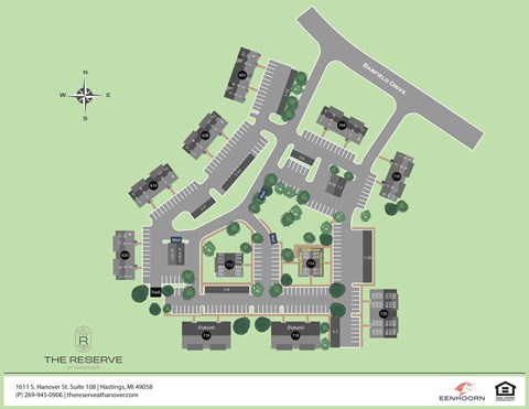 A map of a residential complex with a compass rose indicating the cardinal directions.