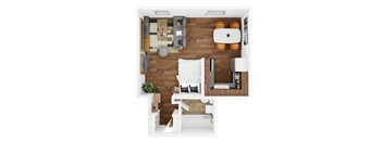 A top-down view of a modern living room with a white sofa, a grey armchair, a coffee table, and a dining table set for four.