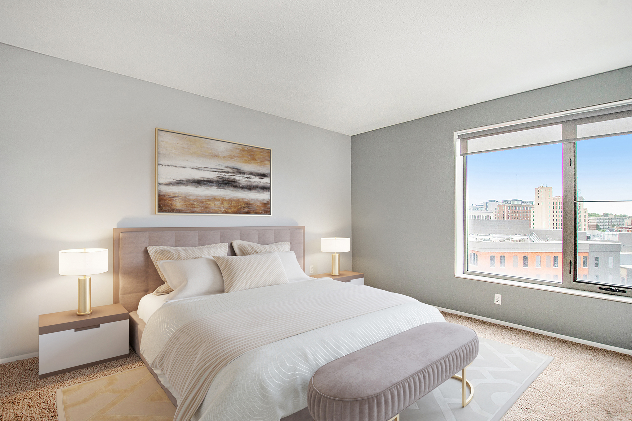 The Plaza Apartments In Grand Rapids, MI Spacious Bedroom With Beautiful Views of Downtown Grand Rapids