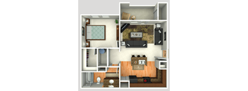 3D Floorplan of 1 Bedroom at Twin Creeks at Alamo Ranch Apartments, Texas