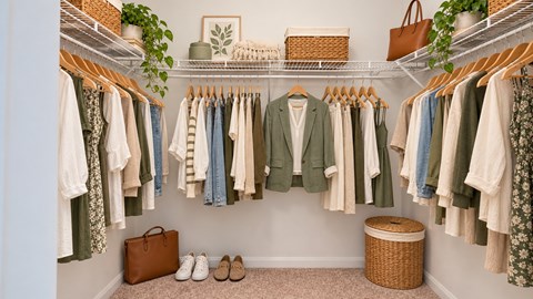 A well-organized closet with clothes and accessories.