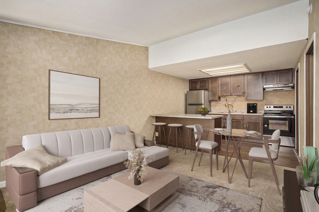 a rendering of a living room with a kitchen