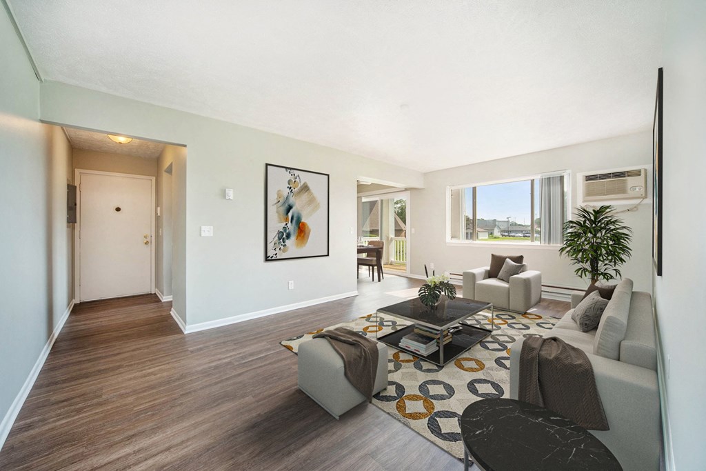 a living room with a couch and a table