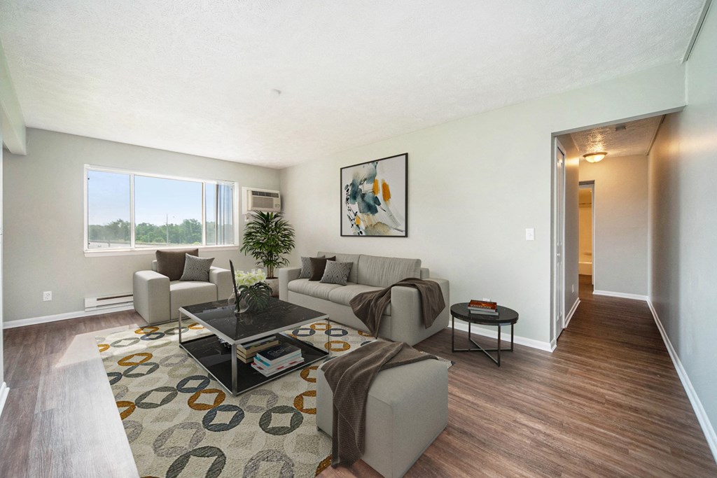 the living room of an apartment with a large rug and couches