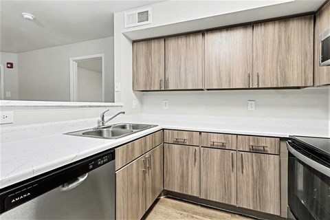 A kitchen with wooden cabinets and a stainless steel dishwasher.