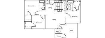 A floor plan of a house with three bedrooms, a kitchen, a dining area, a living room, a patio, and a storage area.