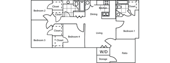 A floor plan of a house with four bedrooms, a kitchen, a dining area, a living room, a storage area, and a patio.
