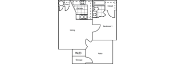 A floor plan of a house with a pantry, kitchen, closet, living room, bedroom, patio, and storage.