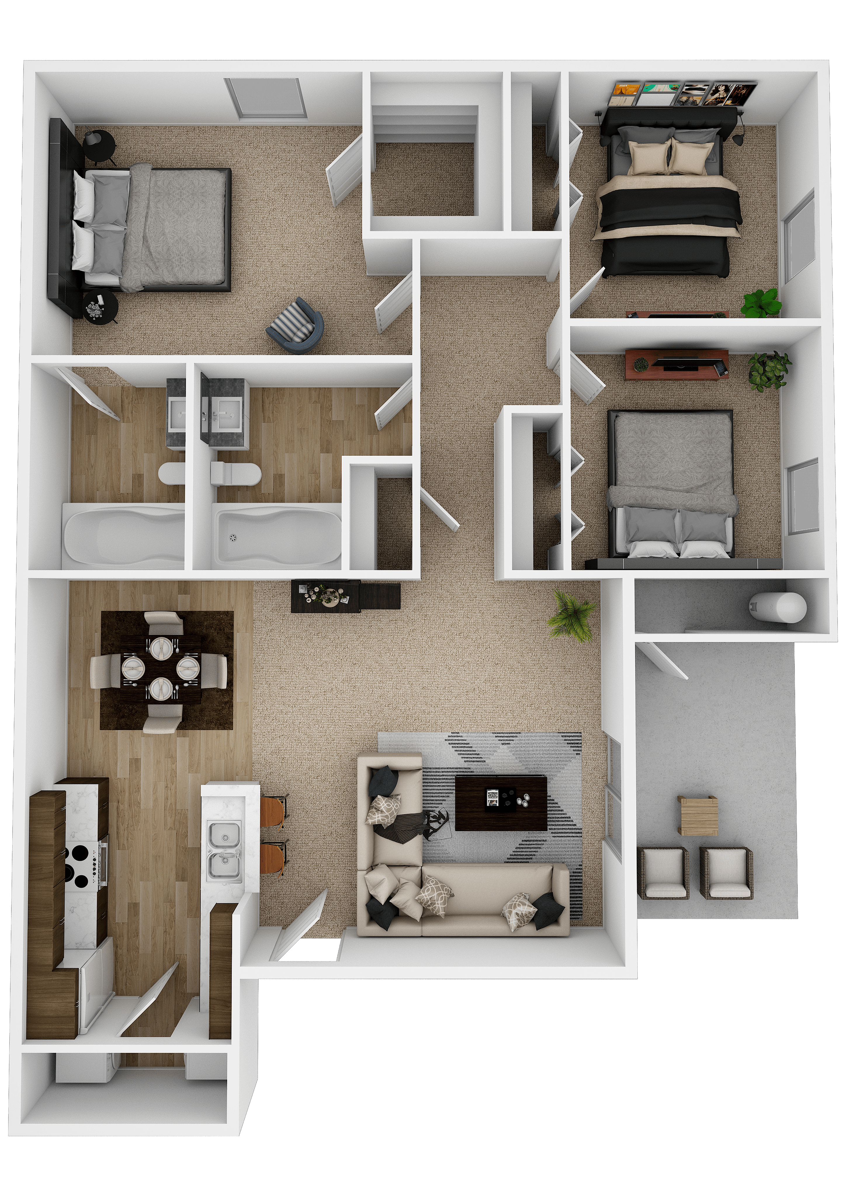 3 Bedroom 2 Bath 3D Floorplan River Oaks Villas Apartments in San Marcos, Texas
