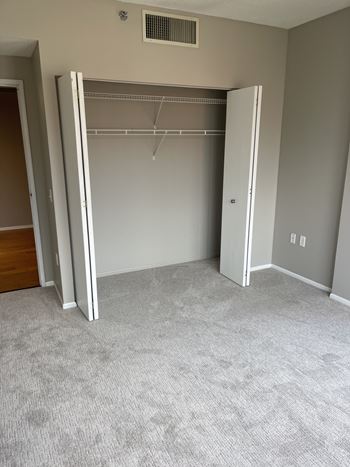 A room with a grey carpet and a white closet.