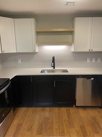A kitchen with black cabinets and a stainless steel dishwasher.
