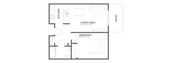 A black and white floor plan of a small apartment with a kitchen, living area, and bedroom.