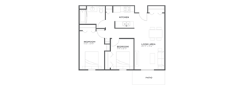 A black and white image of a house floor plan with a kitchen, two bedrooms, a living area, and a patio.