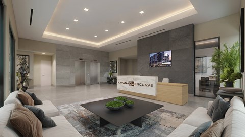 A modern living room with a flat screen TV and a coffee table in the center.