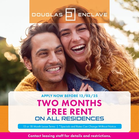 A promotional image for Douglas Enclave offering two months free rent on all residences.